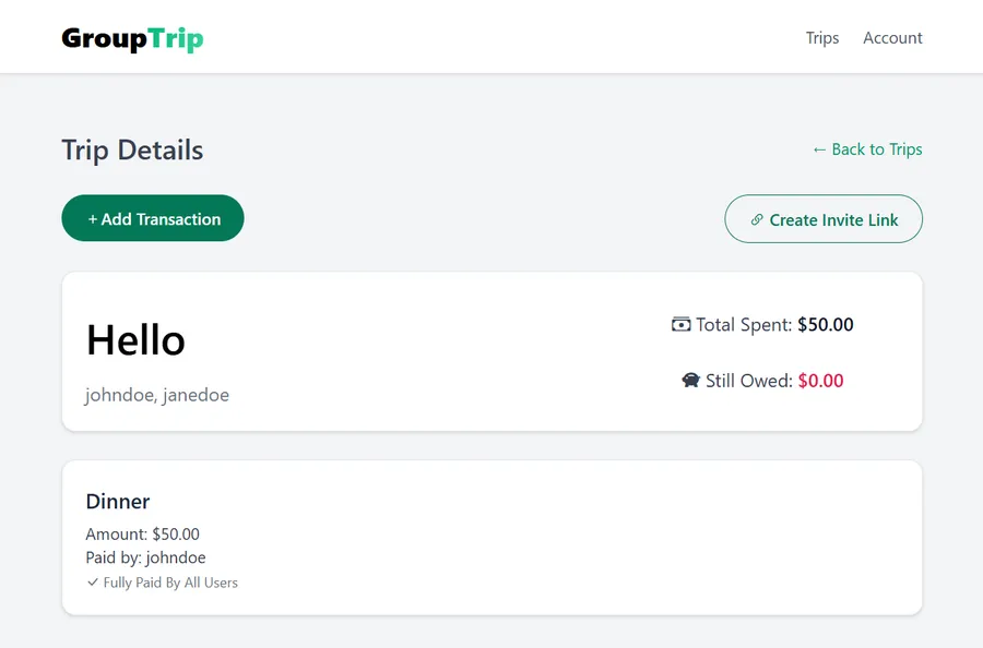 GroupTrip, trip overview page.
