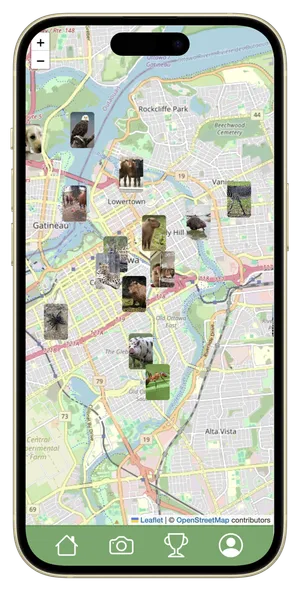 Phone displaying a map of all recent animal sighting in Ottawa.
